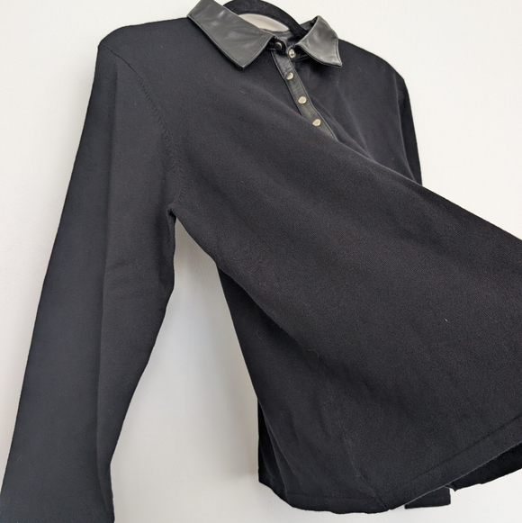 Vintage Leather Trim Alfani Black Long Sleeve Snap Button Polo Shirt Sz L - Picture 5 of 15